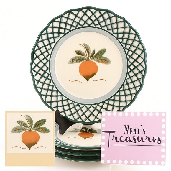 Set Of 6 Royal Norfolk stoneware 9” Plates, Green Lattice W  Royal Norfolk FRUIT LATTICE RNF86 Peach Green Round Stoneware Salad Plate Set 4